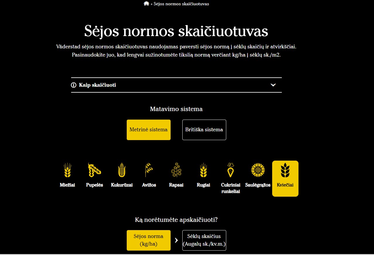 Väderstad tikslios sėjos normos skaičiuoklė